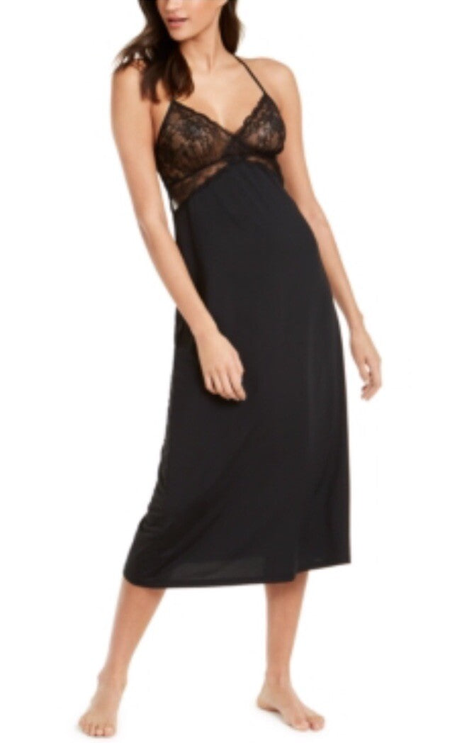 INC International Concepts Solid Color Lace Trim Long Length Nightgown Black S