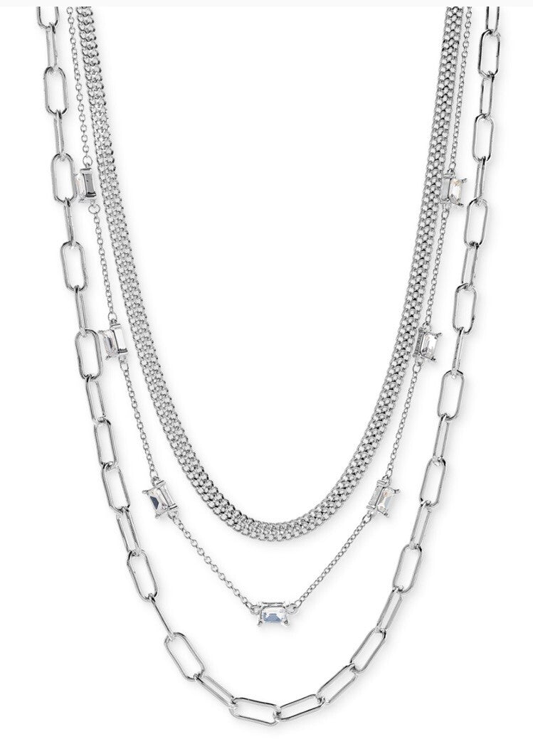 On 34th Crystal & Mixed Link Layered Collar Necklace, 16" + 2" extender, Silver 