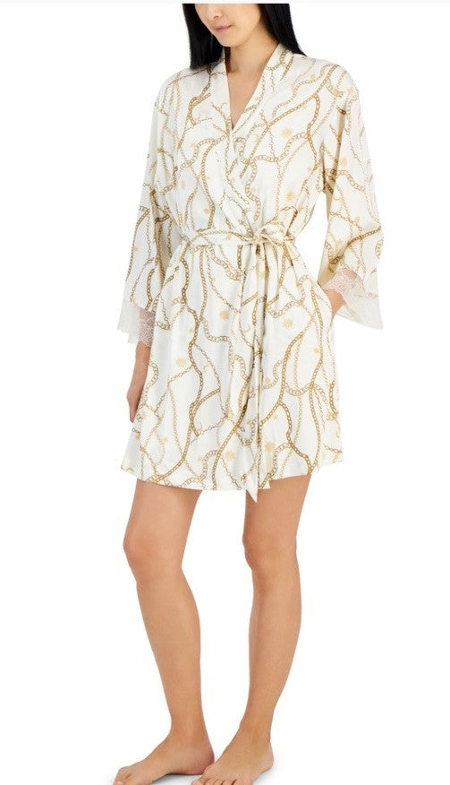 I.N.C. International Concepts Women's Lace-Trim Stretch Satin Robe Celia Chain M