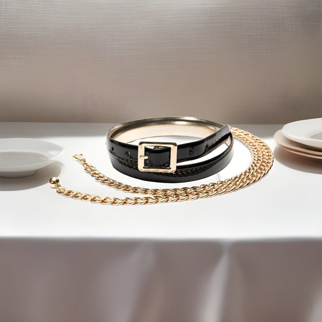 I.N.C. International Concepts Women's Reversible & Chain Belt Set,black/gold L