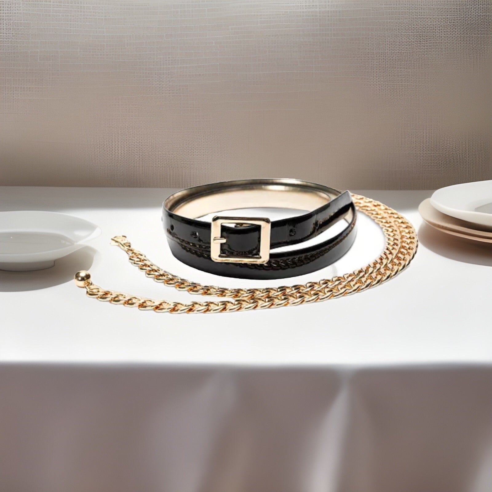 I.N.C. International Concepts Women's Reversible & Chain Belt Set,black/gold L