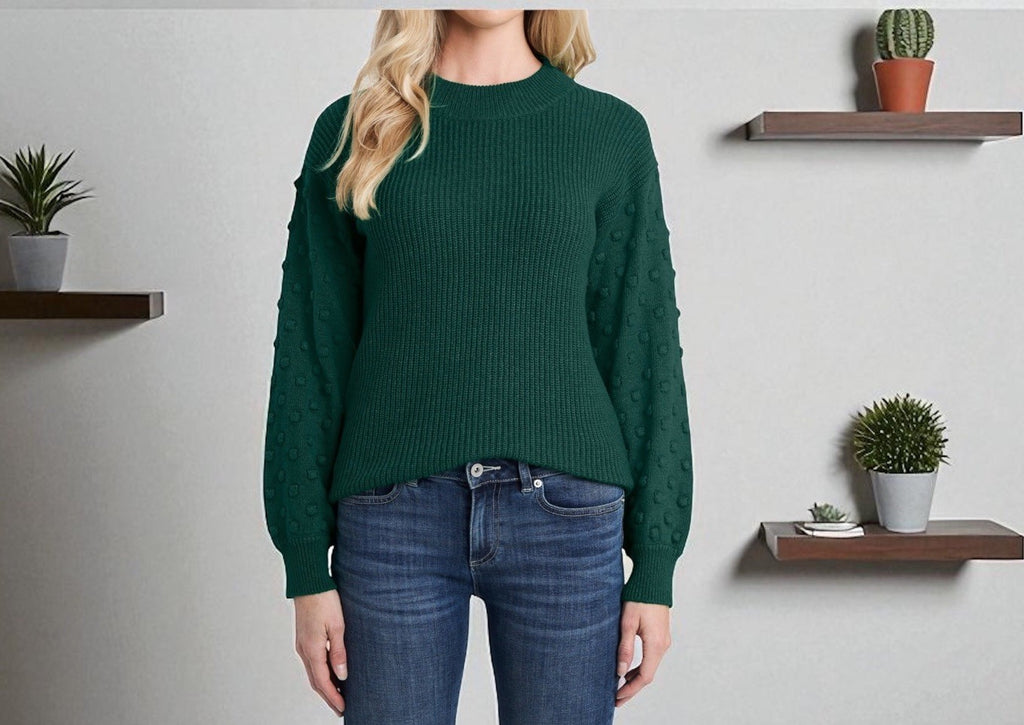 CeCe Women's Crewneck Bobble Detail Long Sleeve Sweater Green S