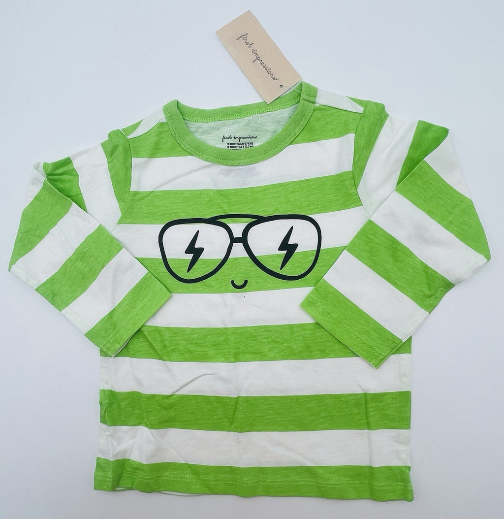 First Impression Toddler Boys Green White Striped Long Sleeve Graphic T Shirt 2T