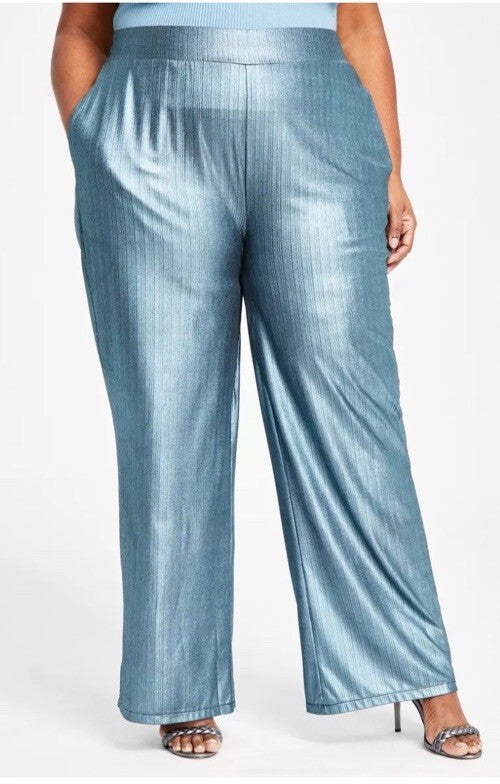 Nina Parker Women's Blue Ice Metallic Elastic-Waist Wide-Leg Pants Plus Size 2X