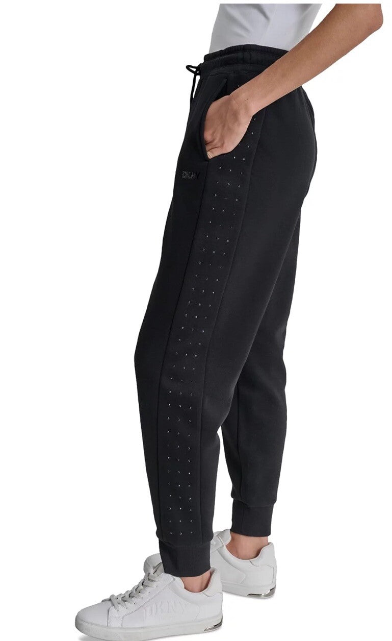 DKNY Sport Women's Rhinestone Embellished Fleece Jogger Sweatpants Size S Black