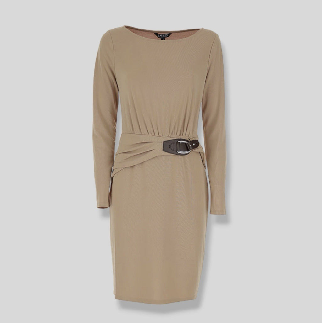 RALPH LAUREN  Buckle-Trim Jersey Dress - Classic Camel Size 16