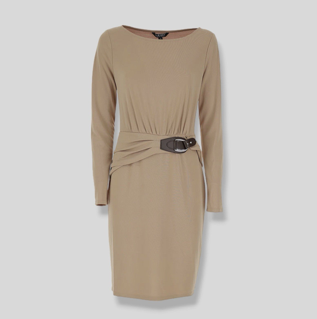 RALPH LAUREN  Buckle-Trim Jersey Dress - Classic Camel Size 16