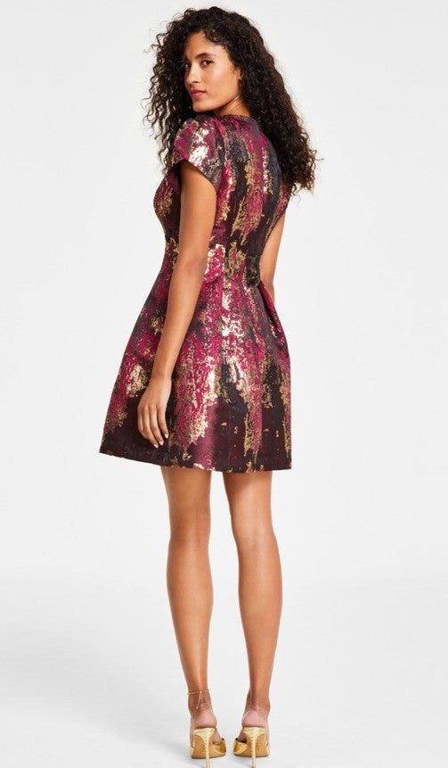 Vince Camuto Women's Metallic Jacquard Fit & Flare Dress Magenta Size 8