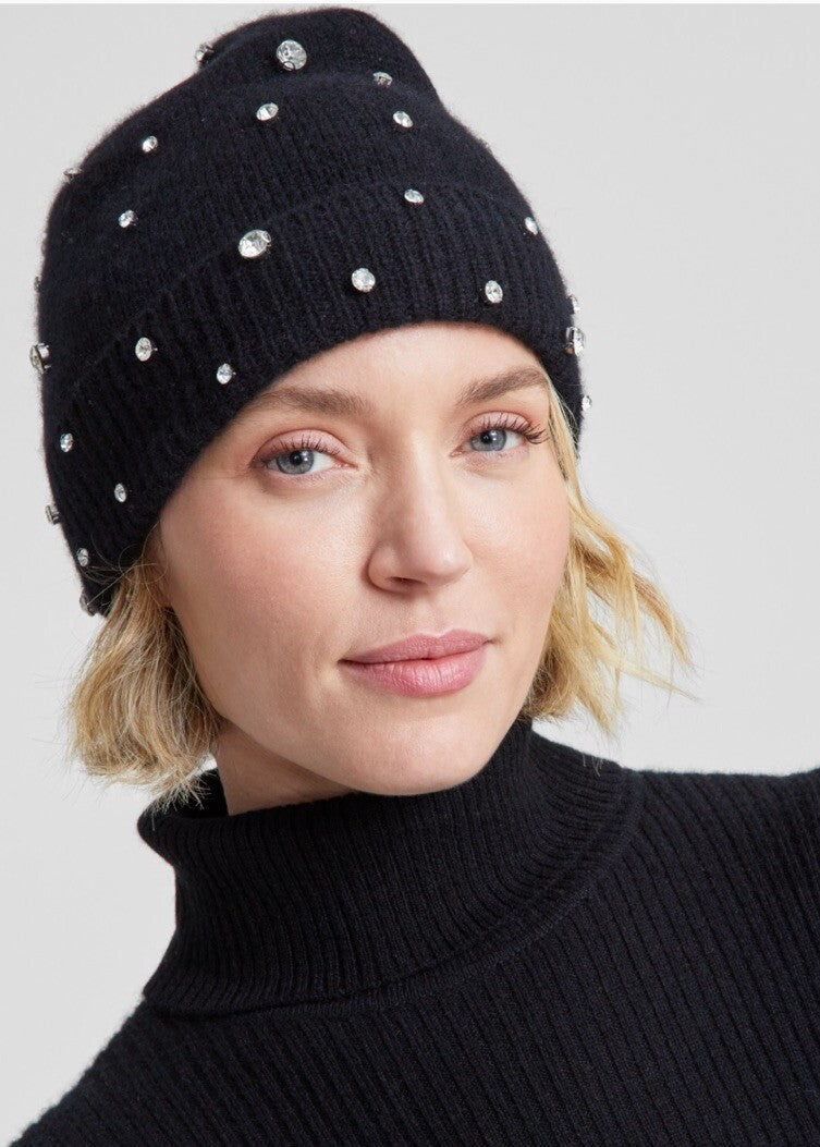 CHARTER CLUB 100% Cashmere Cuffed Beanie Hat ~ Black Embellished w/Crystals NWT