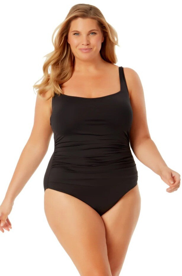 Anne Cole Plus Size Square Neck Shirred One Piece , 18W