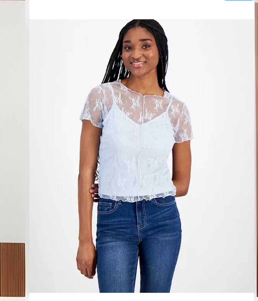 Ultra Flirt Junior’s Lace Tee & Cami Baby Blue Color Medium Sheer