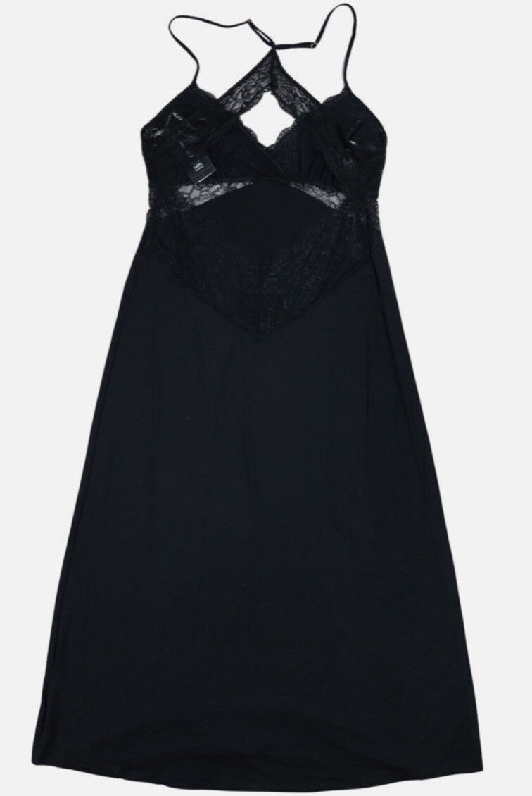 INC International Concepts Solid Color Lace Trim Long Length Nightgown Black S
