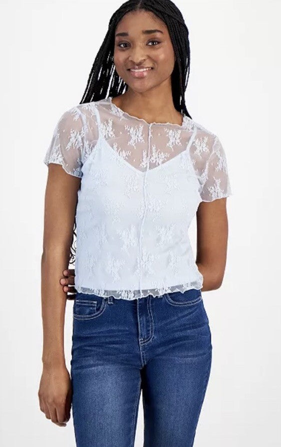 Ultra Flirt Junior’s Lace Tee & Cami Baby Blue Color Medium Sheer