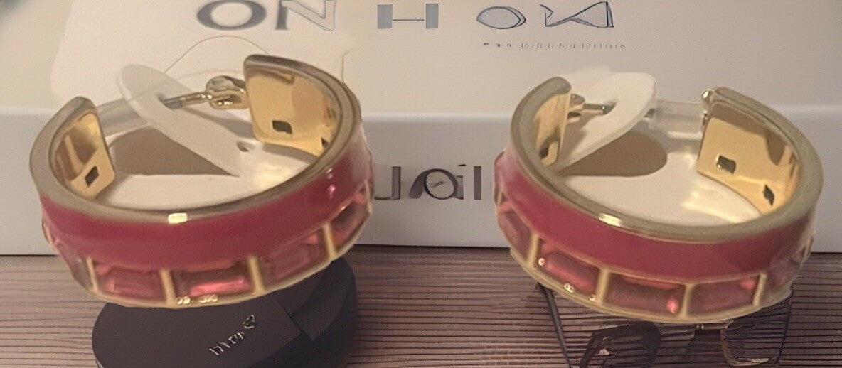 On 34th Women’s Gold Pink Stone Hoop Earrings 