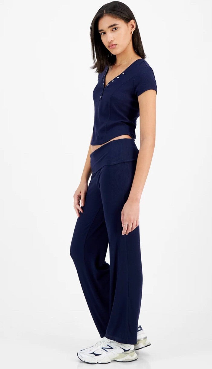 Ultra Flirt Juniors' High Rise Foldover-Waist Ribbed Knit Pants Black M