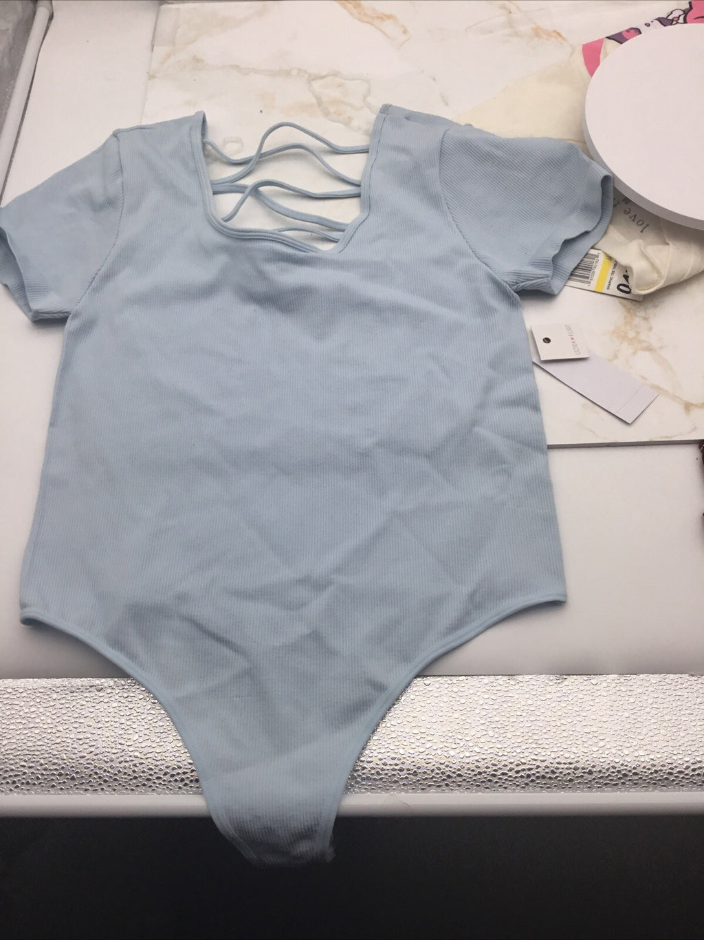Ultra Flirt Juniors' Seamless Lattice-back Ribbed Bodysuit In Baby .blue XL