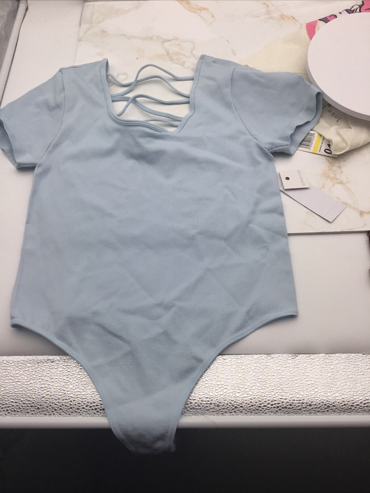 Ultra Flirt Juniors' Seamless Lattice-back Ribbed Bodysuit In Baby .blue XL