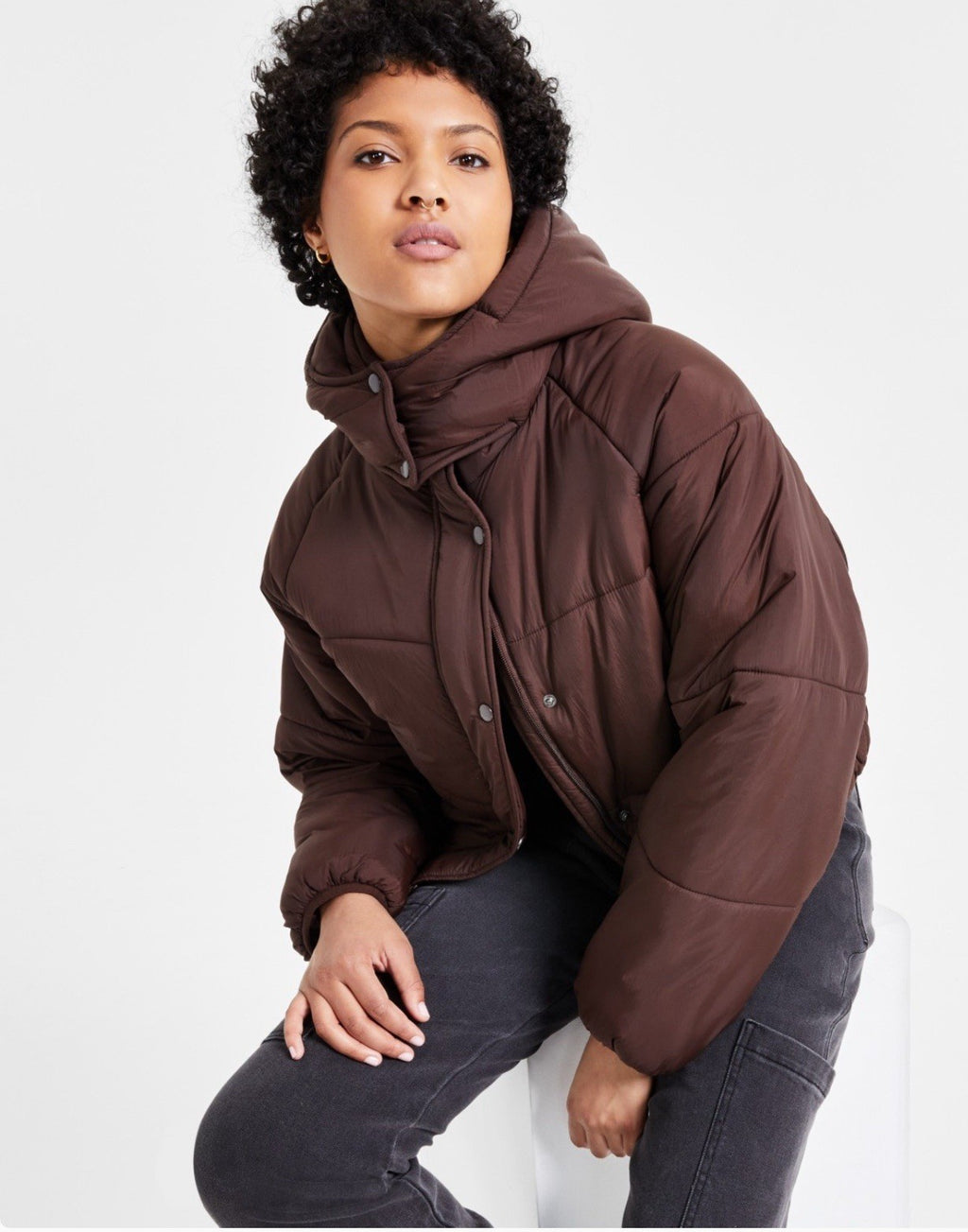 CoffeeShop Juniors' Cropped Hooded Puffer Coat Size M Cholate