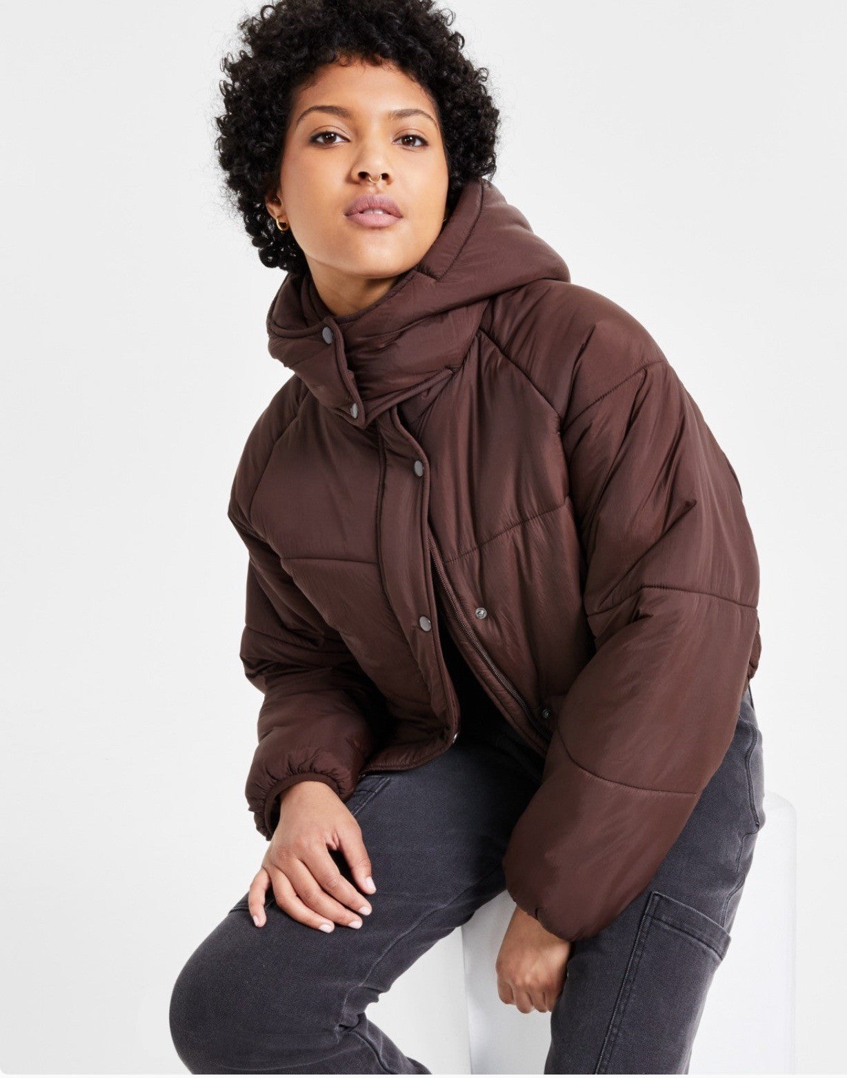 CoffeeShop Juniors' Cropped Hooded Puffer Coat Size M Cholate