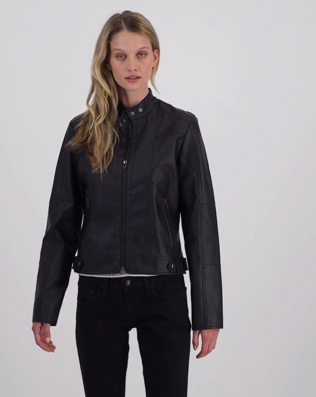 Maralyn & Me Faux-Leather Zip-Front Jacket Juniors S. Black Snap Closure Collar