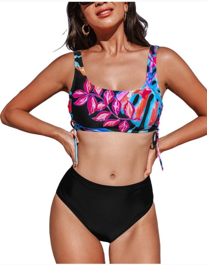 Cupshe Women's Leaf Drawstring High Waisted Bikini Sets Swimsuit M