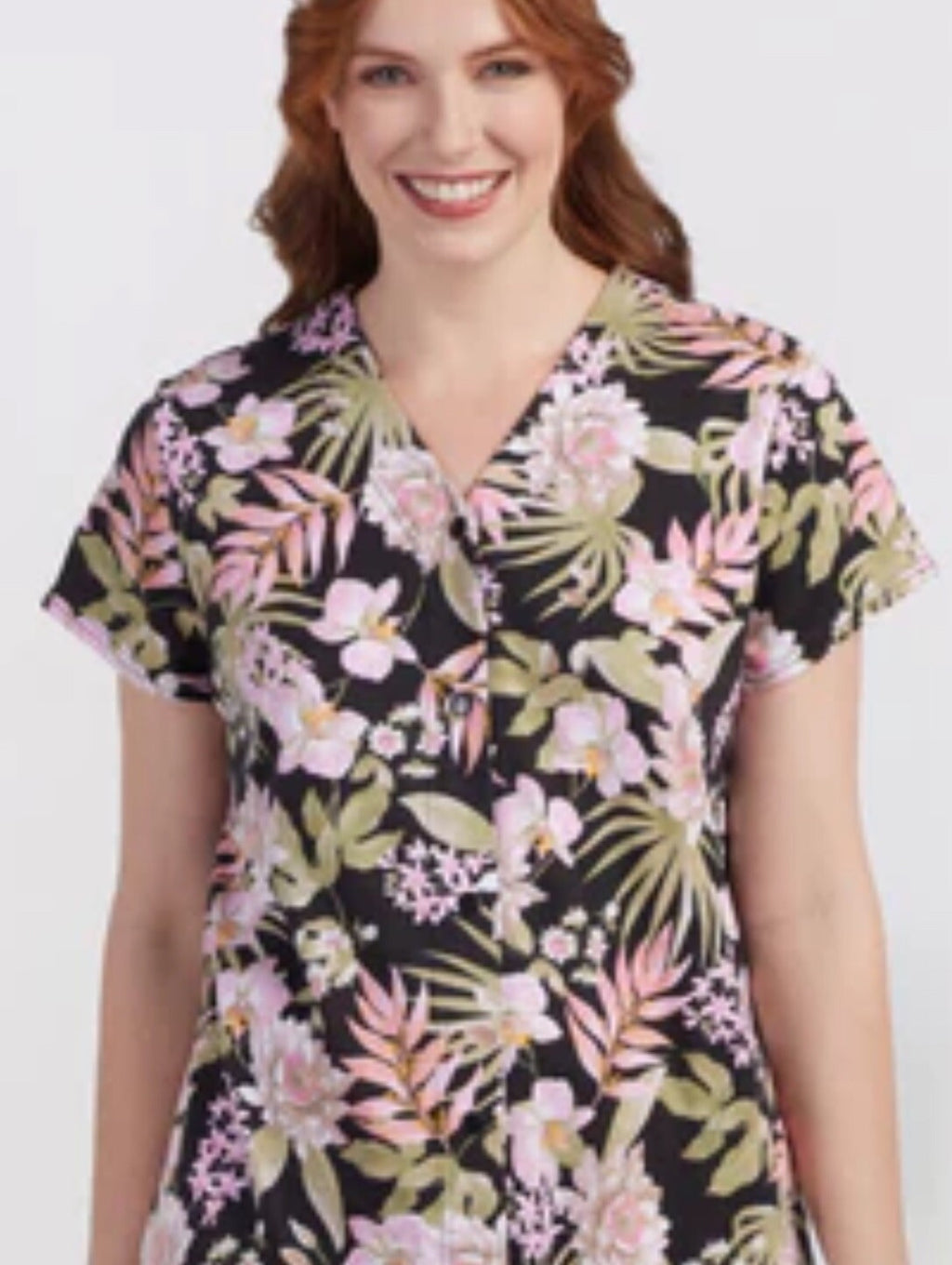 Miss Elaine M Floral Print Black & Pink Short Sleeve Robe Nightgown Tropical $86