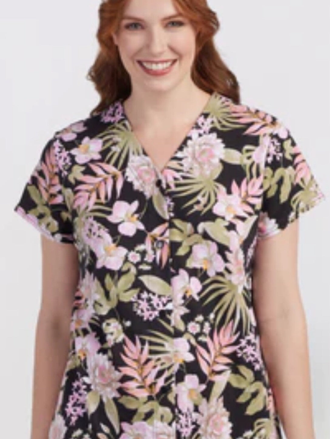 Miss Elaine M Floral Print Black & Pink Short Sleeve Robe Nightgown Tropical $86