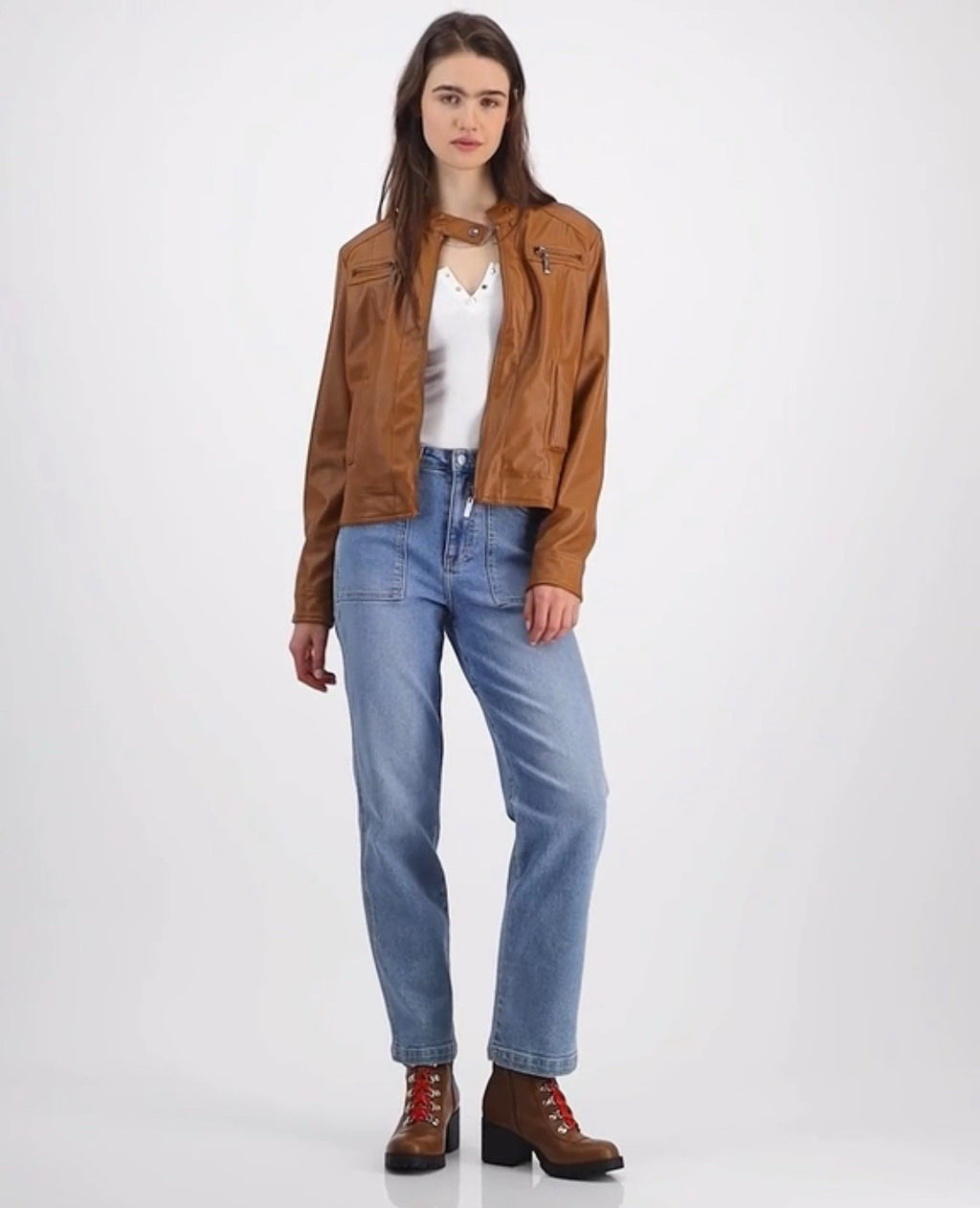 Jou Jou Juniors' Faux-Fur-Lined Moto Jacket Size 2XL Color Cognac