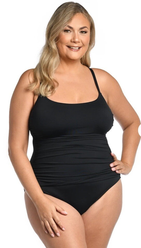 LA BLANCA Island Goddess Ruched Lingerie One Piece Swimsuit Black 8NWT