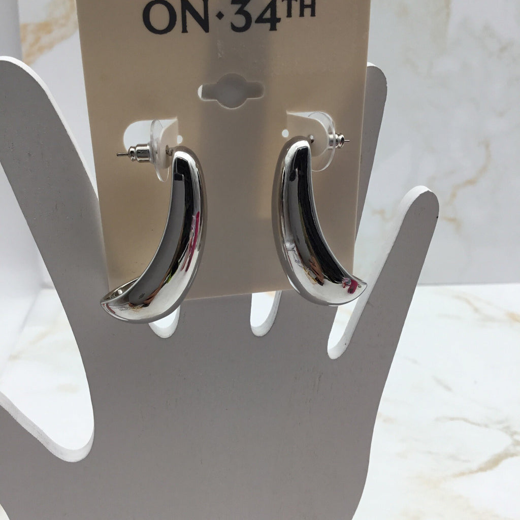 On 34th Medium Tapered Statement J-Hoop Earrings,  Silver Color 