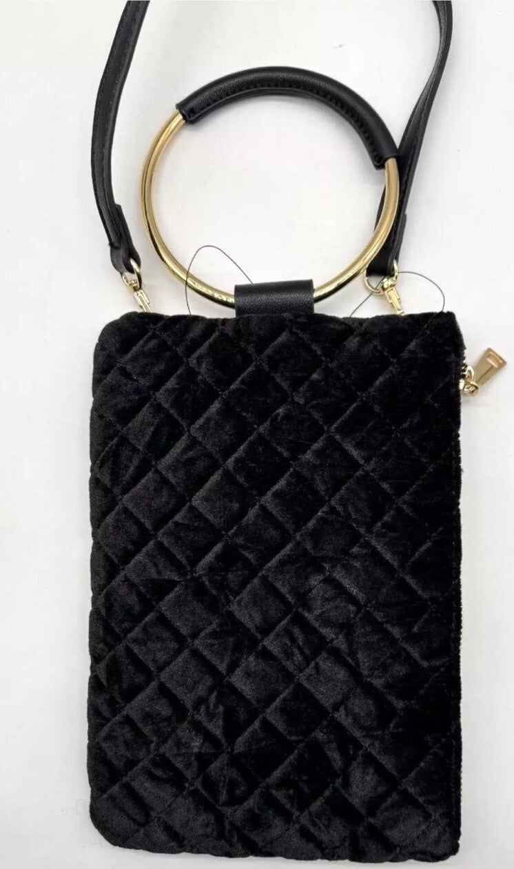 INC Charlii Velvet bangle handle faux-leather crossbody bag clutch - BLACK
