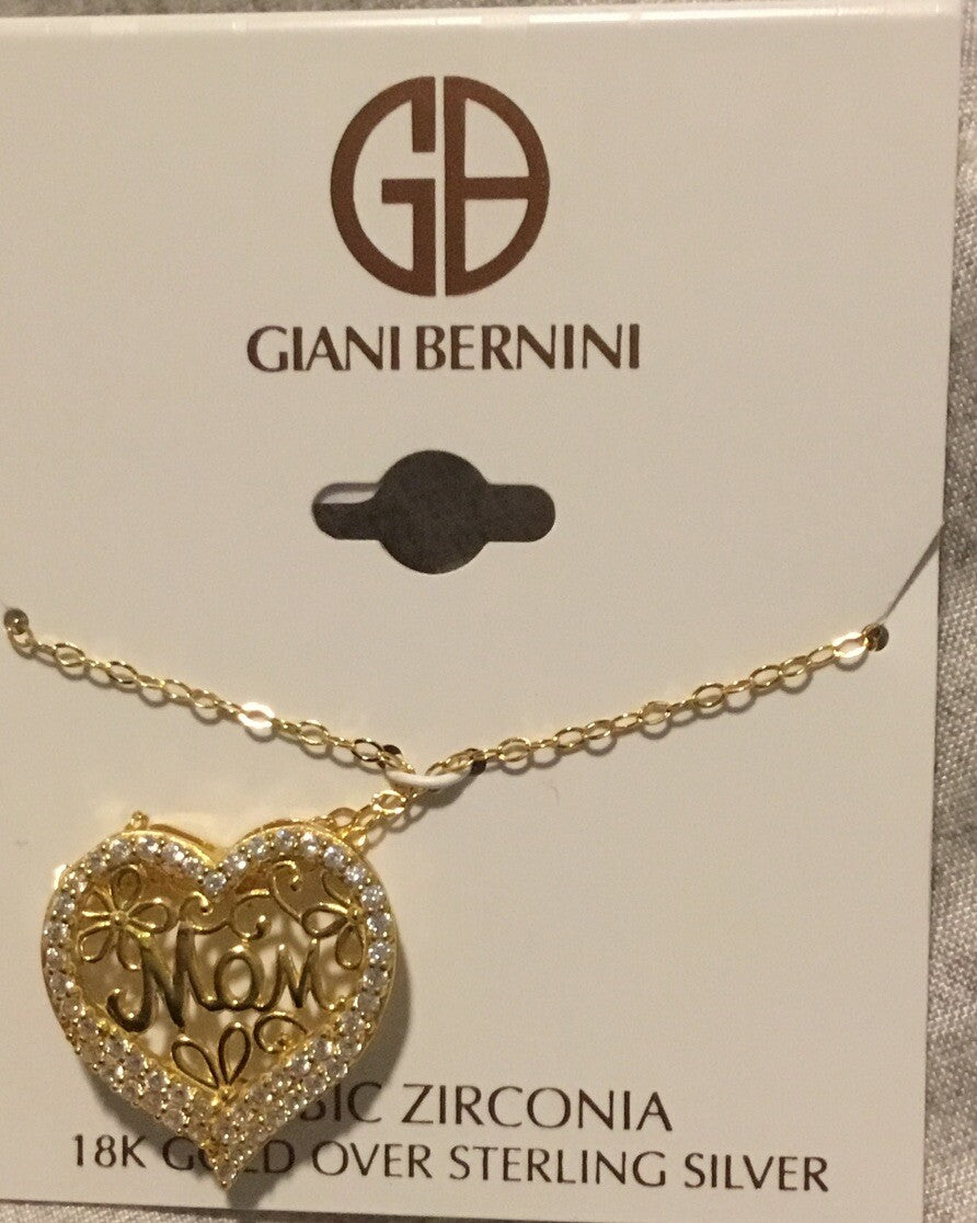 Cubic Zirconia Mom Heart Pendant Necklace in 18k Gold-Plated Sterling Silver 