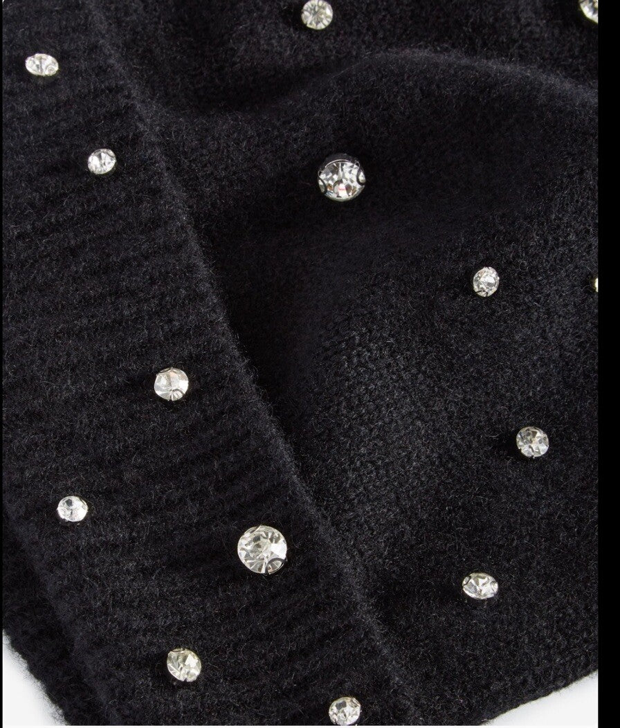 CHARTER CLUB 100% Cashmere Cuffed Beanie Hat ~ Black Embellished w/Crystals NWT