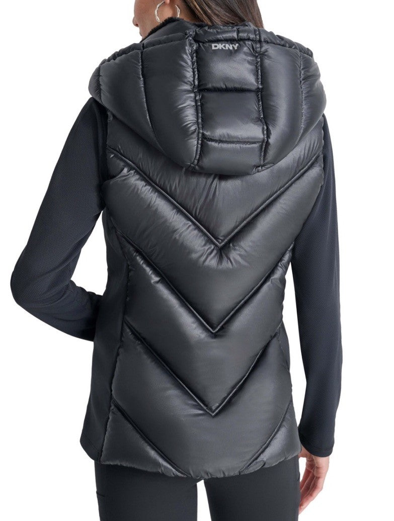 NWT DKNY Hooded Metallic Puffer Vest - Size S, Black