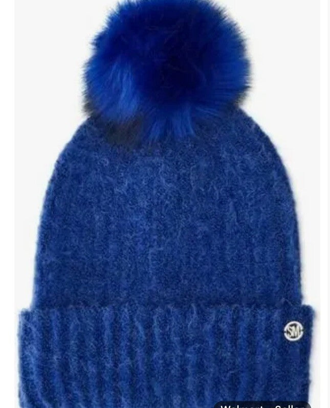 Steve Madden Women's Fuzzy Cloud Knit Beanie Hat with Faux-Fur Pom Pom Blue