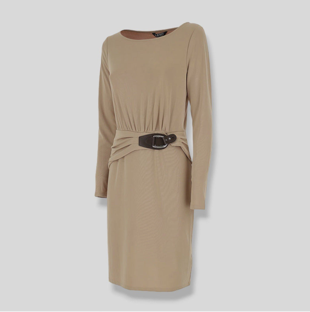 RALPH LAUREN  Buckle-Trim Jersey Dress - Classic Camel Size 16