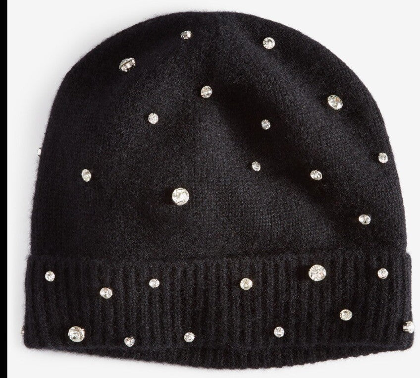 CHARTER CLUB 100% Cashmere Cuffed Beanie Hat ~ Black Embellished w/Crystals NWT