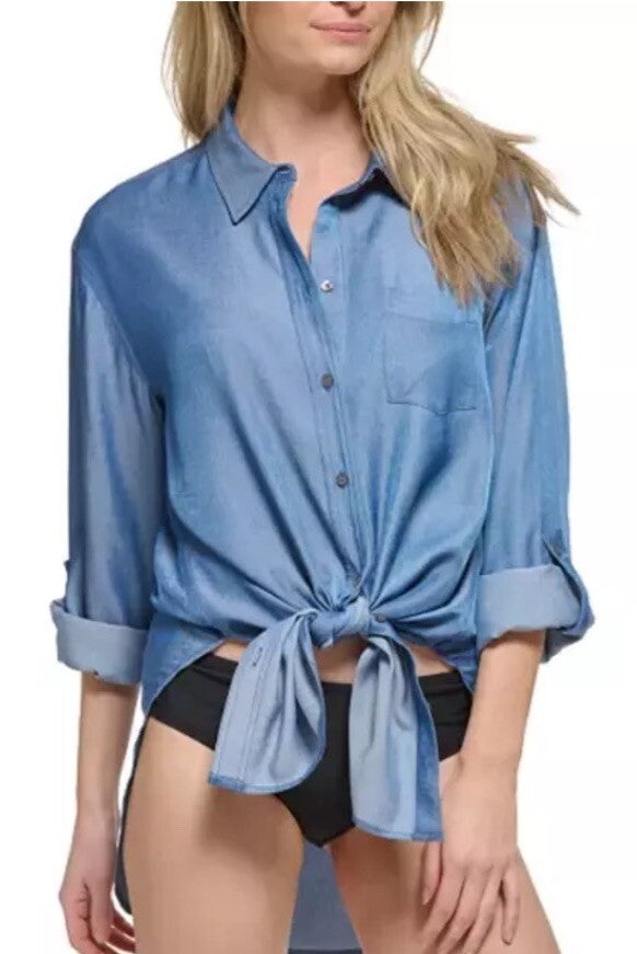 CALVIN KLEIN Women's Beach Button-Up Shirt Cover-Up Blue Size L