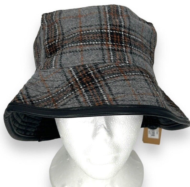 Steve Madden Bucket Hat Reversible Gray Plaid Faux Leather