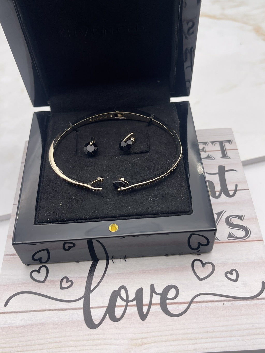 GIVENCHY SILVER TONE Black CRYSTALS BANGLE BRACELET WITH FLOATING STONE EARRINGS