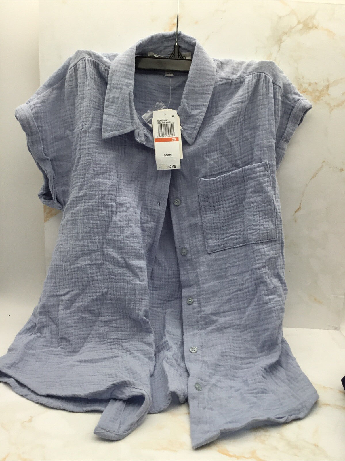 Hippie Rose Junior's Tie-Front Gauze Camp Shirt XS Blue