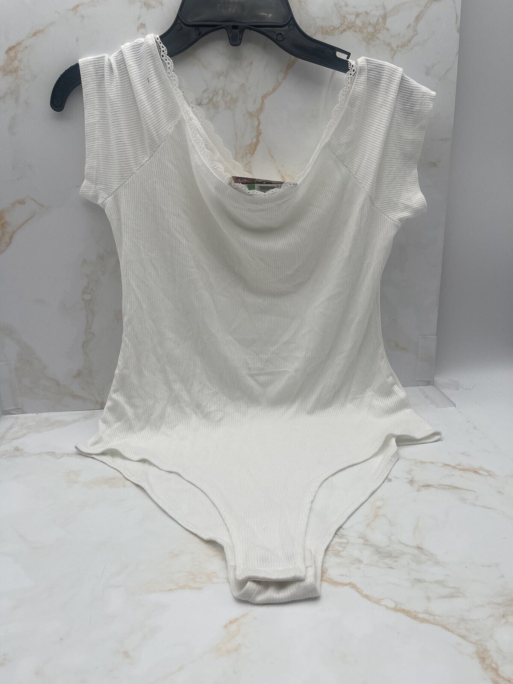 Self Esteem Juniors' Ribbed Lace-Trim Cap-Sleeve Bodysuit White Large 