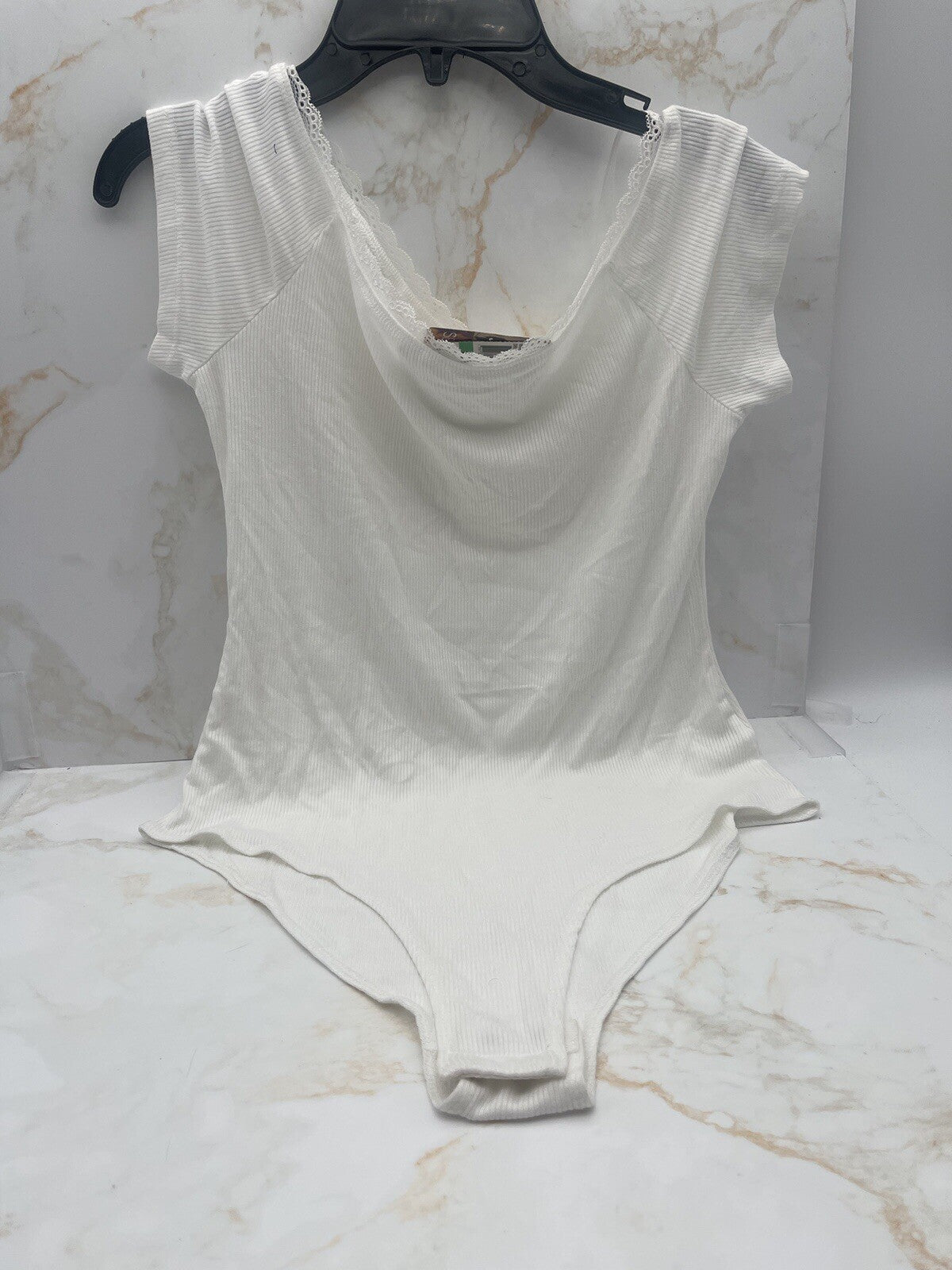 Self Esteem Juniors' Ribbed Lace-Trim Cap-Sleeve Bodysuit White Large 
