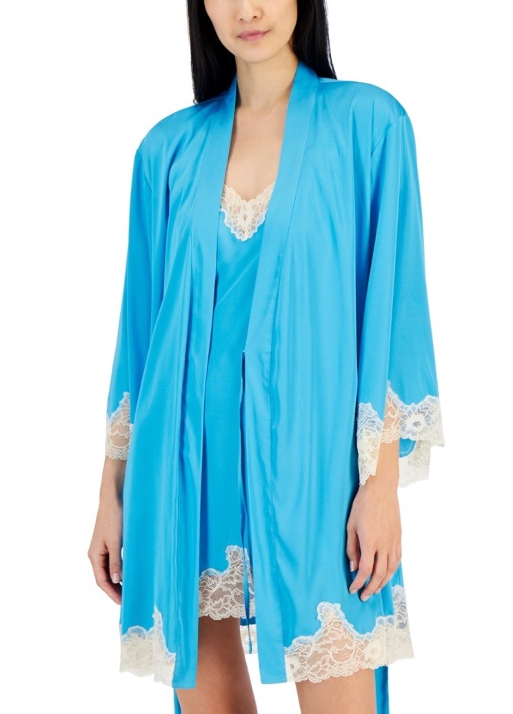 I.N.C. International Concepts Women's Lace-Trim Stretch Satin Robe Cyan Blue XXL
