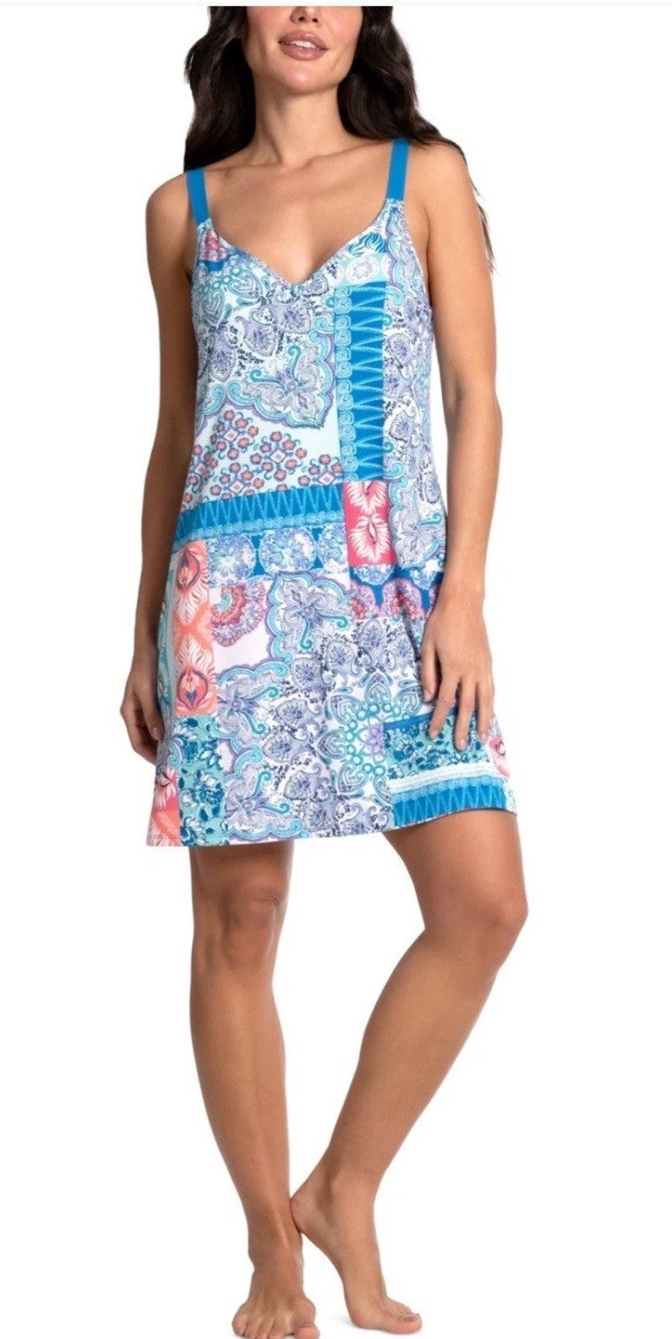 Linea Donatella Women's Printed Sleeveless Chemise Blue Sleepwear Dress Size L