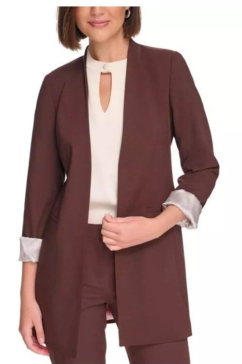 $150 Calvin Klein Women's Brown Collared Open-Front Blazer Jacket Size Petite 8P
