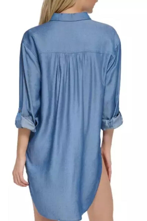CALVIN KLEIN Women's Beach Button-Up Shirt Cover-Up Blue Size L