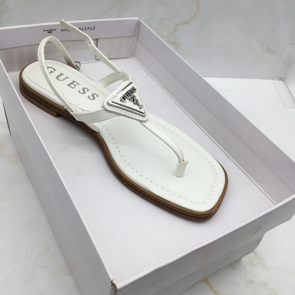 GUESS Women's Rainey Logo Sqaure Toe T-Strap Flat Sandals White 6M
