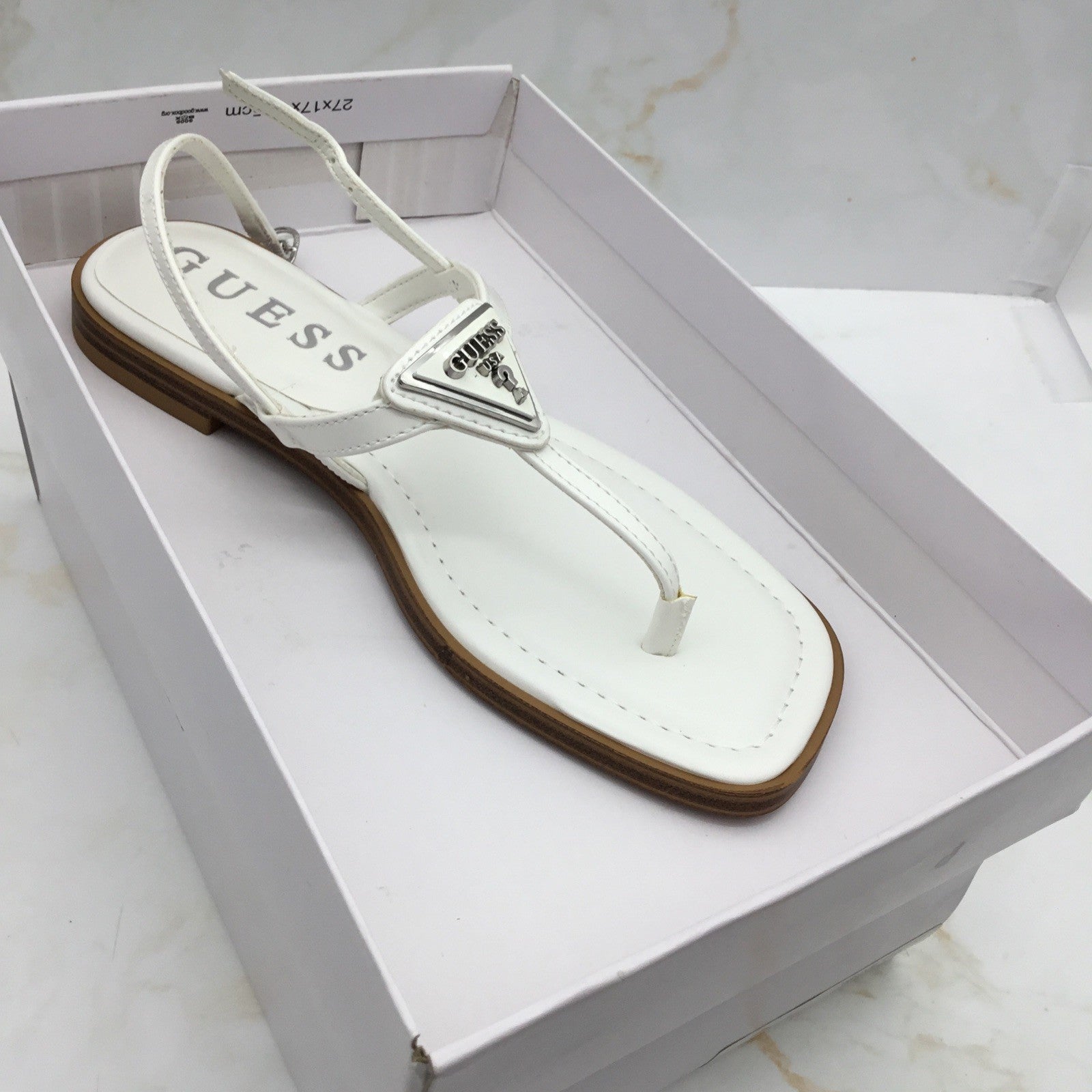 GUESS Women's Rainey Logo Sqaure Toe T-Strap Flat Sandals White 6M