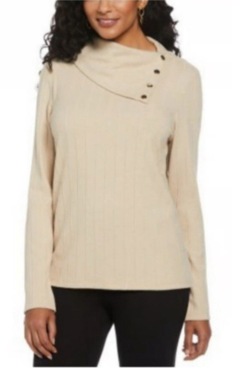 Rafaella Women's Long Sleeve Top with Rivet Neck Trim Size L